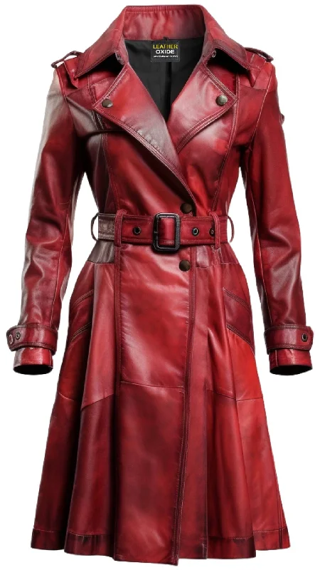 Women Distressed Red Leather Long Coat Tie-Waist Belted Drawstring