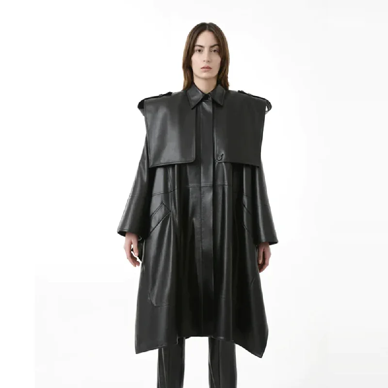 Women Original Sheepskin Leather Oversized Cape Leather Trench Coat