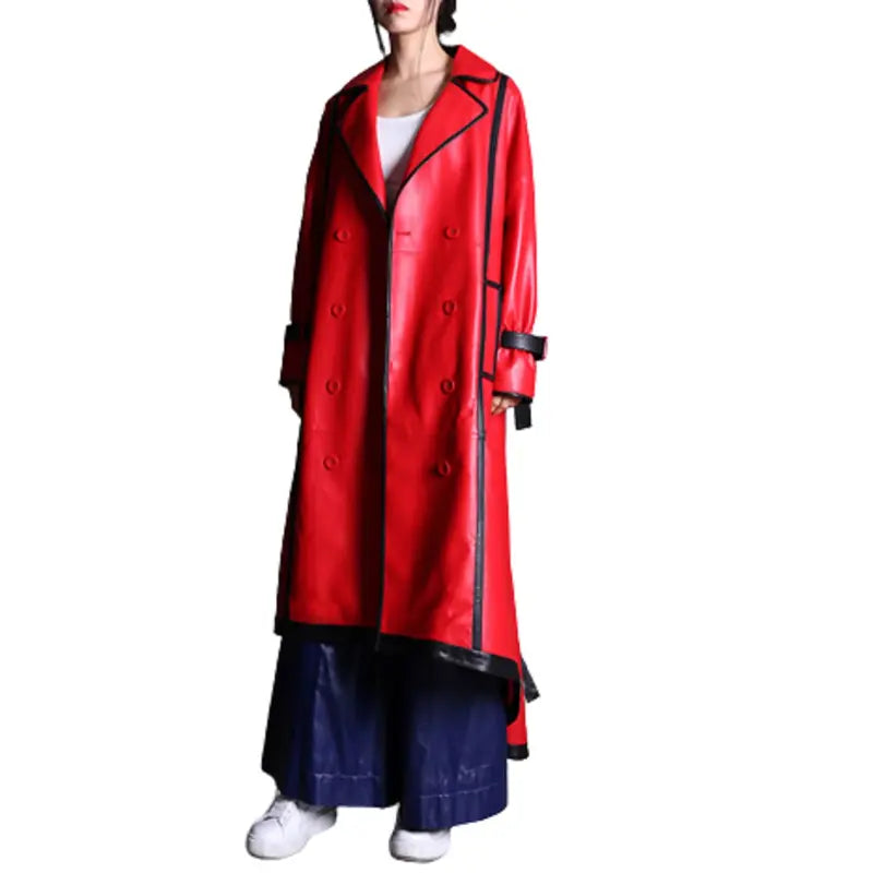 Women Red Leather Over Coat Buttoned Zippered Snapped