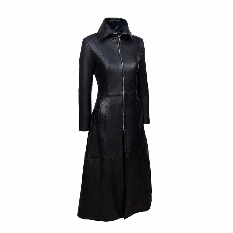 Women Vampire Black Leather Coat Fleece Down Feather