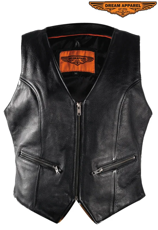 Womens Black Biker Leather Vest With Concealed  Pockets Stylish Hooded Vest