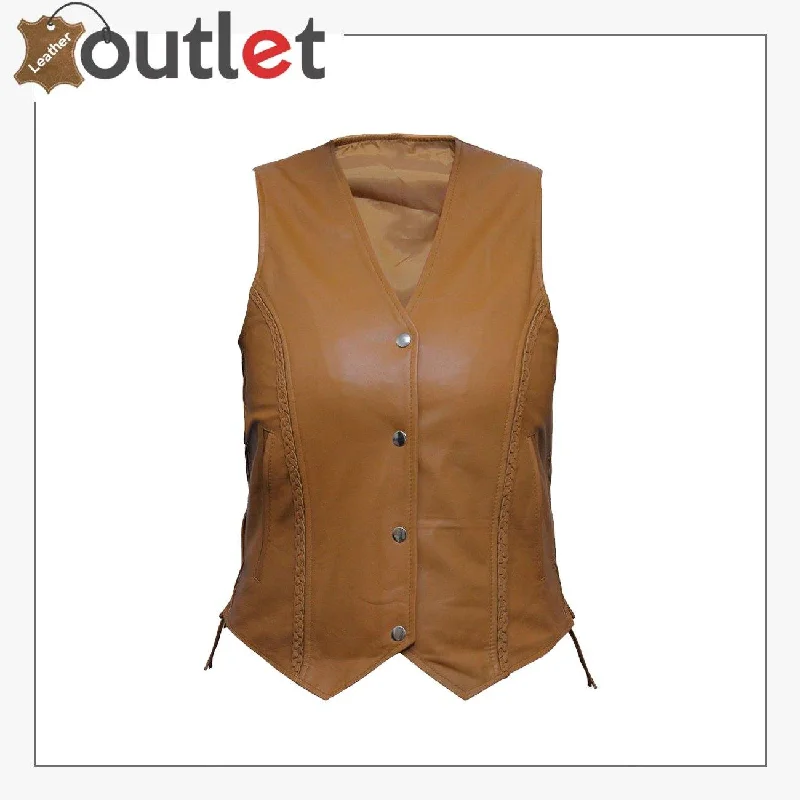 Womens Brown New Motorcycle Biker Soft Leather Vest Waistcoat Warm Down Waistcoat Vest