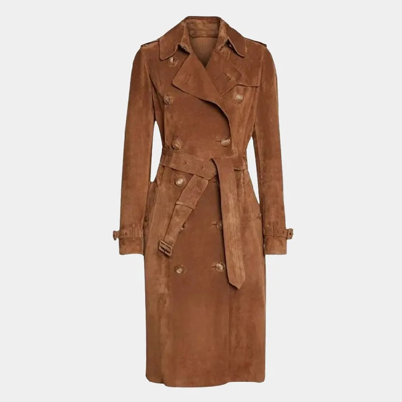 Women's Classic Italian Brown Suede Leather Long Trench Coat