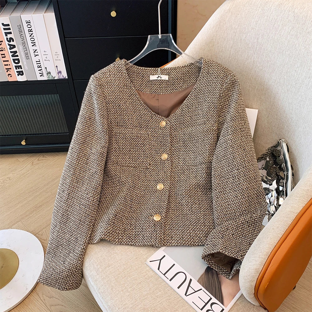 Women's Coffee V-Neck Button Coat Autumn Winter