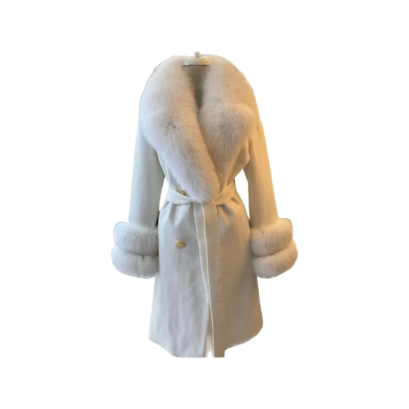 Women's CREAM Wool Coat with detachable Fox Collar and Cuffs Trimmed Hood Style # K-10 Hook-and-Loop Buckled Tied Women's CREAM Wool Coat with detachable Fox Collar and Cuffs Trimmed Hood Style # K-10 Hook-and-Loop Buckled Tied