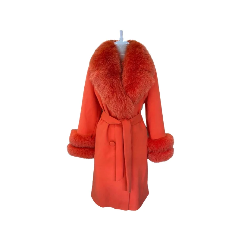 Women's ORANGE Wool Coat with detachable Fox Collar and Cuffs Trimmed Hood Style # K-10 Embroidered Appliqued Beaded Women's ORANGE Wool Coat with detachable Fox Collar and Cuffs Trimmed Hood Style # K-10 Embroidered Appliqued Beaded