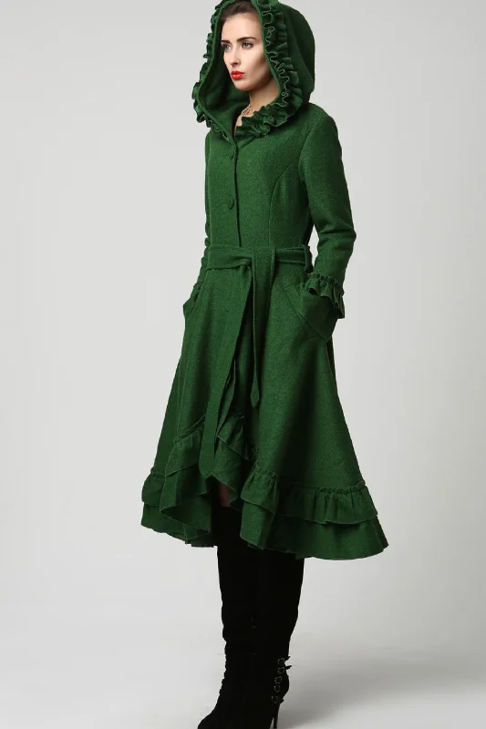 Womens Dark Green Wool Maxi Coat with Hood 1120# Stand-Up Roll-Neck Turtle