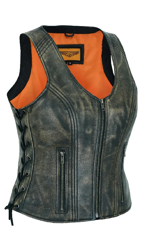 Women's Distressed Brown Naked Leather Vest Side Laces, front zipper Fur-Trimmed Vest Coat