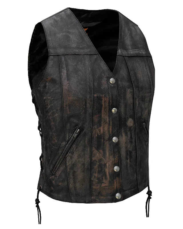 Women's Distressed Brown Naked Leather Vest Minimalist Wool Vest