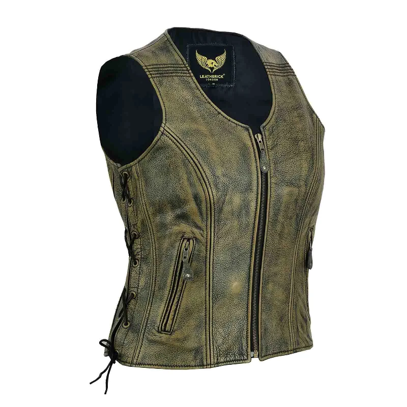 Ladies Vintage Brown Biker Leather Waistcoat Side Lace Vest Trendy Utility Waistcoat Jacket