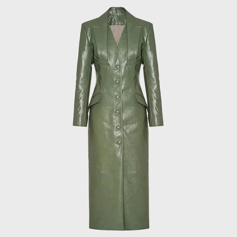 Women's Green Long Leather Coat Square Neck One-Shoulder Off-the-Shoulder