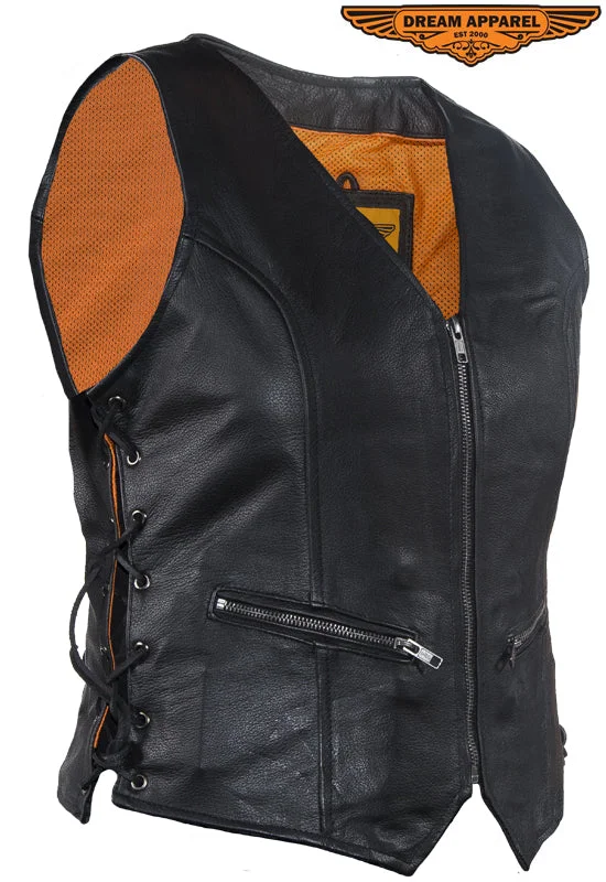 Dream Apparel Womens Leather Motorcycle Zip Up Leather Vest With Concealed Carry Belted Puffer Vest Dream Apparel Womens Leather Motorcycle Zip Up Leather Vest With Concealed Carry Belted Puffer Vest