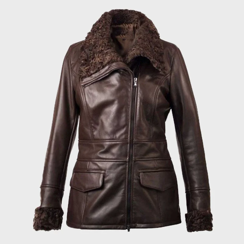 Women's Leather Persian Lamb Car Coat Pockets Sleeves Lining