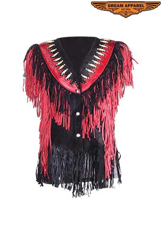 Dream Apparel Womens Leather Vest with Black & Red Fringes Chic Layered Vest