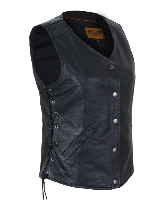 Womens Leather Vest With Gun Pockets & Side Laces Reversible Cozy Vest