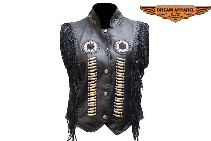 Womens Leather Vest With Nylon Lining Bone & Beads Classic Outdoor Vest