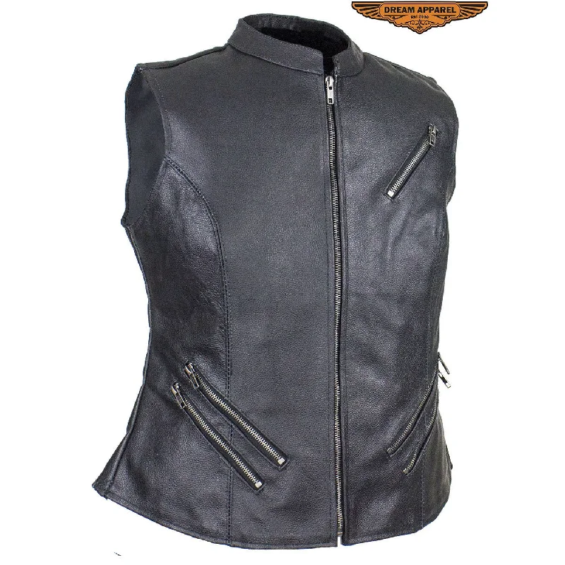 Womens Leather Vest With Two Gun Pockets & Zippered Lower Back Houndstooth Pattern Vest