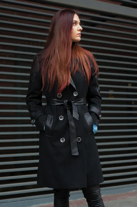 Women's Long Wool & Leather Coat Buttoned Toggled Snapped