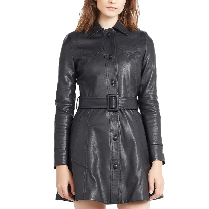 Women's Mid Length Black Leather Trench Coat TC12