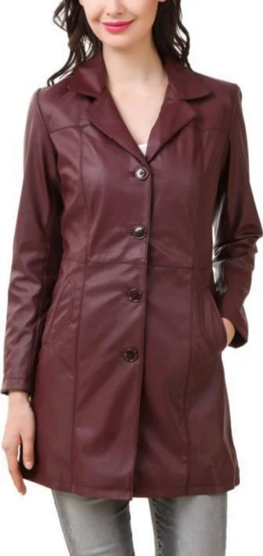 Women's Mid Length Burgundy Leather Trench Coat TC21