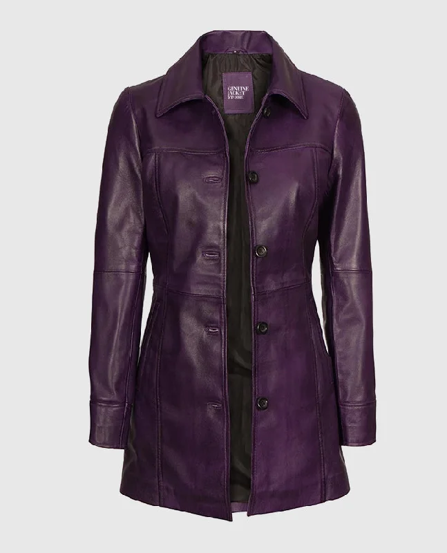 Women's Mid-Length Leather Purple Coat