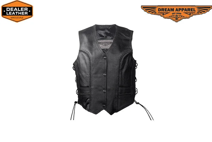 Womens Black Motorcycle Multi Pockets Leather Vest Cozy Teddy Vest