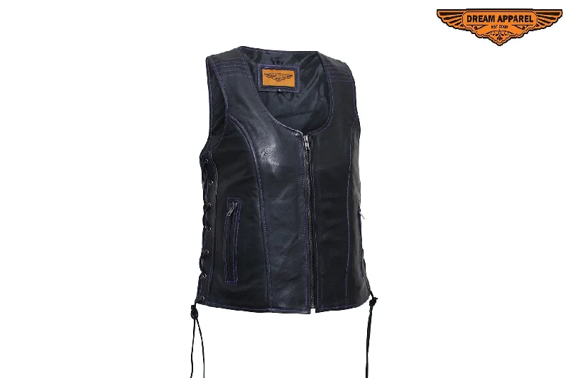 Dream Apparel Women's Naked Black and Purple Motorcycle Leather vest Stretchy Knit Vest Dream Apparel Women's Naked Black and Purple Motorcycle Leather vest Stretchy Knit Vest