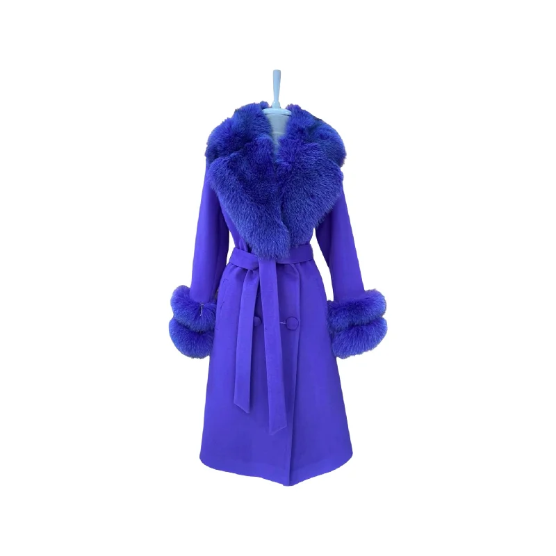Women's PURPLE Wool Coat with detachable Fox Collar and Cuffs Trimmed Hood Style # K-10 Striped Polka Dot Floral Women's PURPLE Wool Coat with detachable Fox Collar and Cuffs Trimmed Hood Style # K-10 Striped Polka Dot Floral