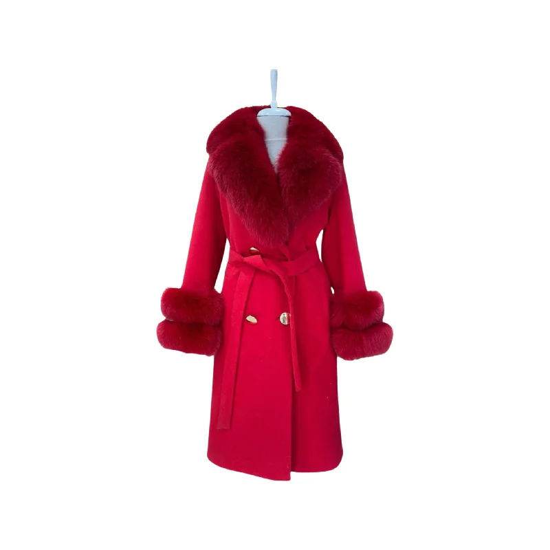 Women's RED Wool Coat with detachable Fox Collar and Cuffs Trimmed Hood Style # K-10 empire Basque Peplum Women's RED Wool Coat with detachable Fox Collar and Cuffs Trimmed Hood Style # K-10 empire Basque Peplum