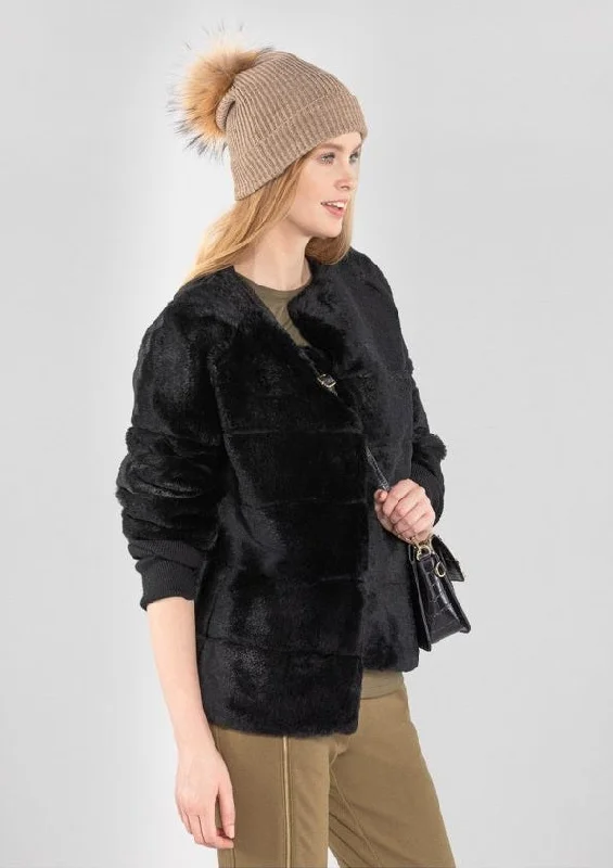 Womens Short Style Black Fur Coat Raincoat Turtleneck Coat Wrap Coat