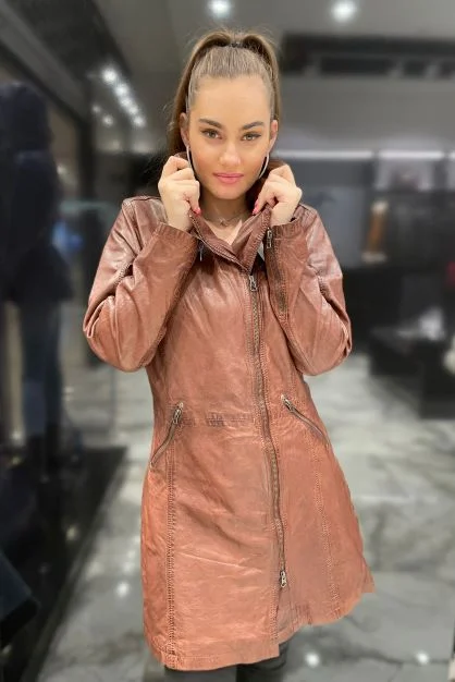 Women's Stylish Long Leather Coat Hooded Jacket Zipper Jacket Button Jacket