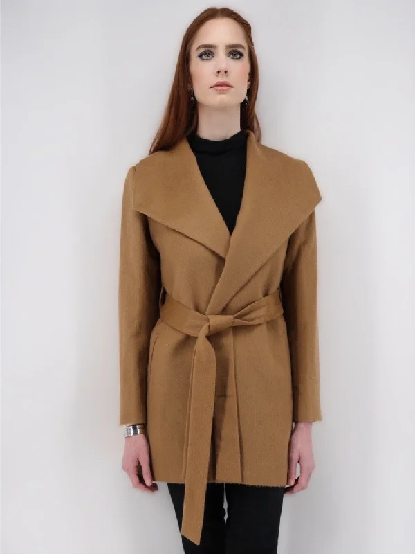 Women's Wide Collar Wrap Coat - Short-Length - Camel