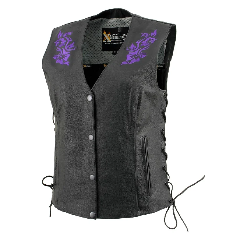 Xelement XS24005 Women's ‘Gemma’ Black and Purple Motorcycle Rider Leather Vest with Side Laces Smart-Casual Vest Coat Xelement XS24005 Women's ‘Gemma’ Black and Purple Motorcycle Rider Leather Vest with Side Laces Smart-Casual Vest Coat