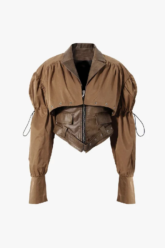 Moto Drawstring Sleeve Shrug Zip Up Faux Leather Vest Two Piece Top Chic Trench Vest