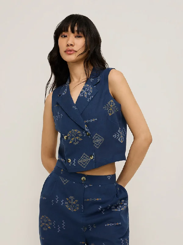 Bombay Paisley Navy Waistcoat-Style Cotton Blend Top Casual Denim Waistcoat Vest