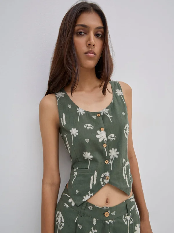 Bombay Paisley Olive Waistcoat-Style Cotton Blend Top Comfortable Waistcoat with Pockets Bombay Paisley Olive Waistcoat-Style Cotton Blend Top Comfortable Waistcoat with Pockets