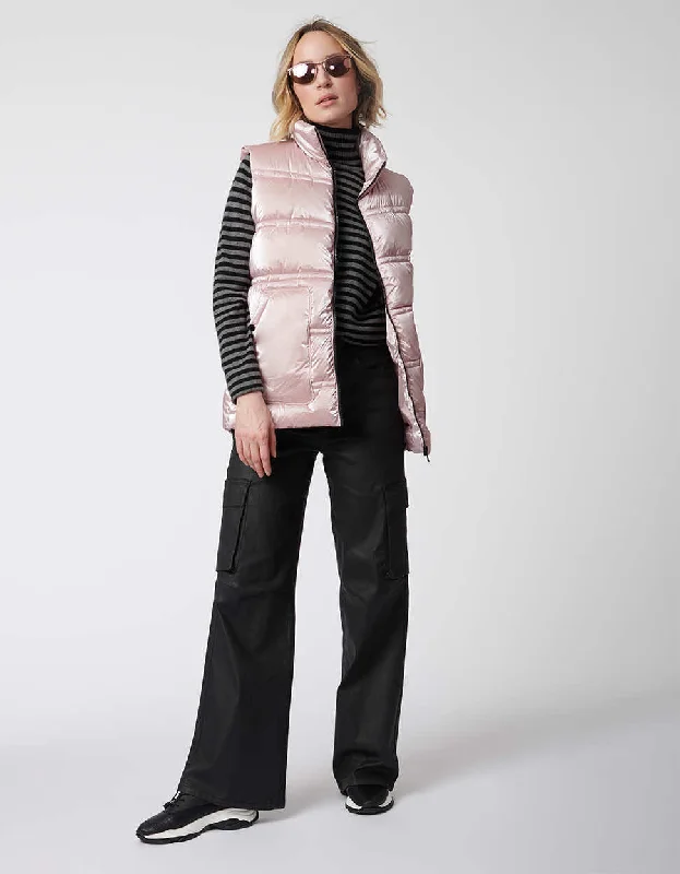 Breast Cancer Awareness Metallic Puffer Vest Fur-Lined Vest Coat