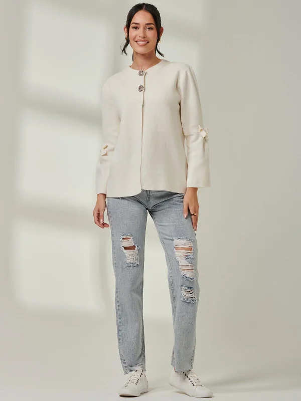 Button Bow Sleeve Knit Cardigan, Oatmeal Fleece Cardigan Nylon Polyester