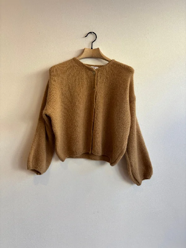 Camel Long Sleeve Mohair Cardigan Silk Blend Satin Velvet