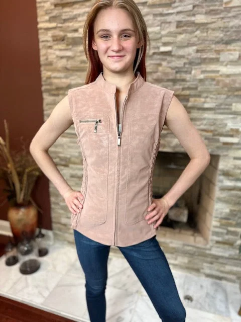 Women's Faux leather vest - (B3152)-CRL Fur-Lined Hood Vest