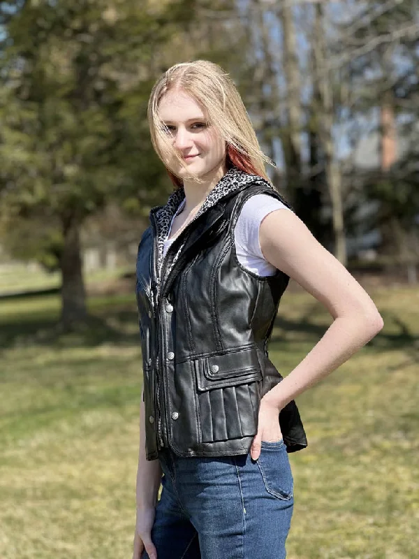 Ladies Faux Leather Vest with Printed Hood (BF2111V) Urban Chic Vest