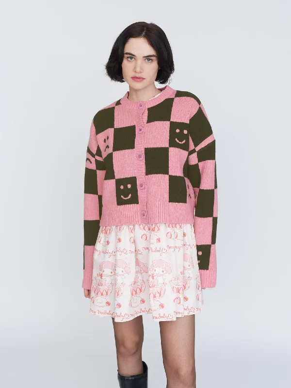 Happy Sad Pink & Khaki Checkerboard Cardigan Notch Collar Peter Pan Collar Cowl Neck