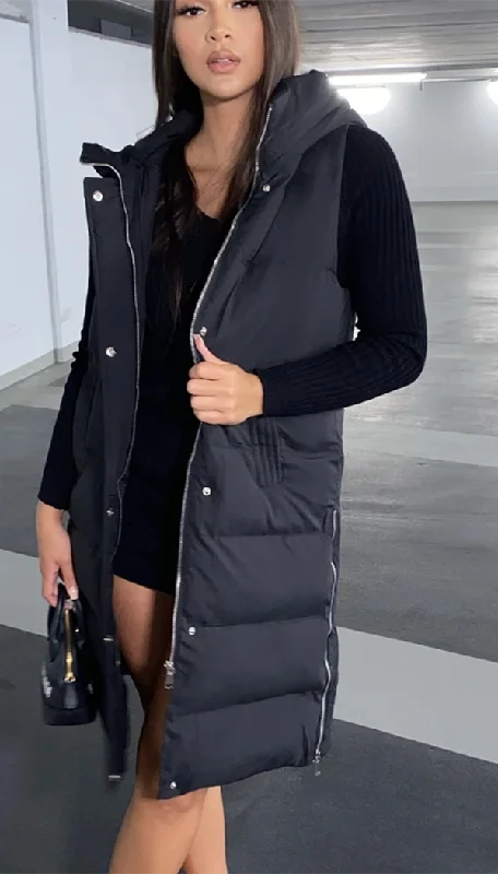 Hooded Padded Gilet Waistcoat with Zip Up Closure Long Length Elegant Longline Waistcoat Vest Hooded Padded Gilet Waistcoat with Zip Up Closure Long Length Elegant Longline Waistcoat Vest