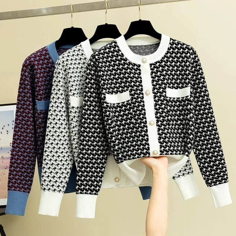 Jacquard Cardigan Sweater For Women Plaid Cardigan Polka Dot Checkered