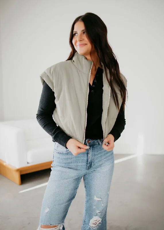 Jema Cropped Puffer Vest Belted Draped Vest