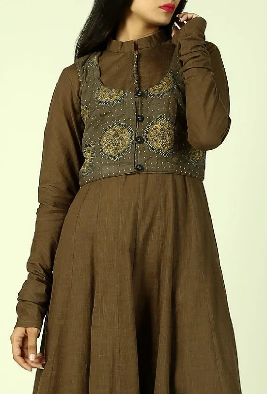 Khakhi Green Button Down Ajrakh Cotton Waistcoat Stylish Belted Waistcoat Jacket