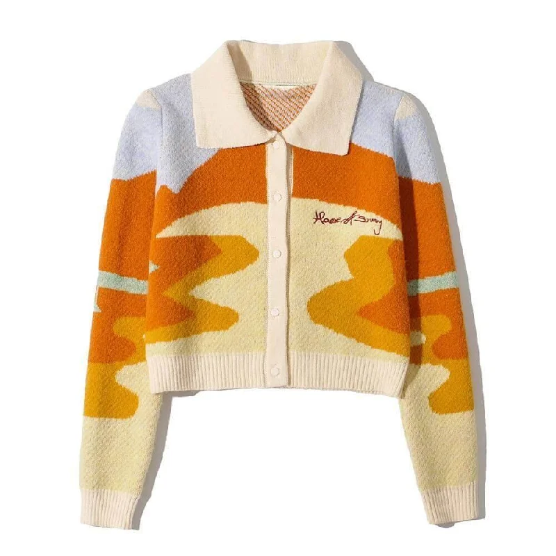 Landscape Crop Cardigan Sweater For Women Fleece Fabric Down Fabric Feather Fabric