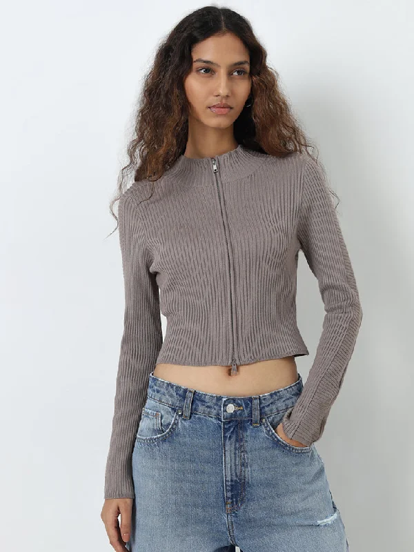 Nuon Grey Ribbed Cardigan Spandex Rayon Corduroy