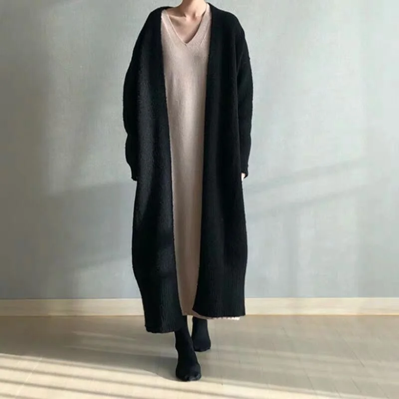 Vireous Women's Chic Simple Buckle-Free Long Knitted Cardigan Coat Welt Pockets Slit Pockets Flap Pockets Vireous Women's Chic Simple Buckle-Free Long Knitted Cardigan Coat Welt Pockets Slit Pockets Flap Pockets