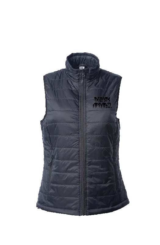 Womens Black Puffer Vest-Embroidered Urban logo Wool Tweed Vest